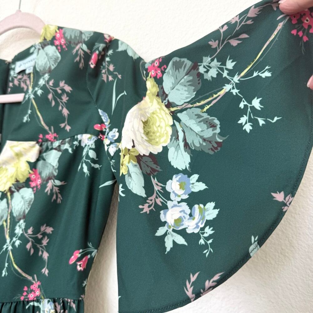 TUCKERNUCK Green Floral Tiered Midi Dress XS Ruffle Sleeve Cottagecore - Picture 4 of 9